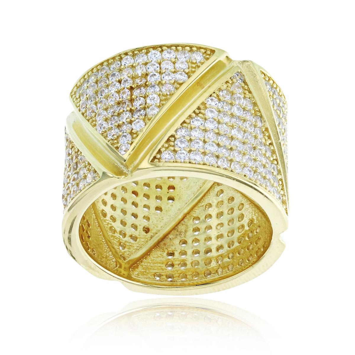 Sterling Silver+1Micron Yellow Gold Rnd CZ Micropave Upside Down Trill Design Wide Band 