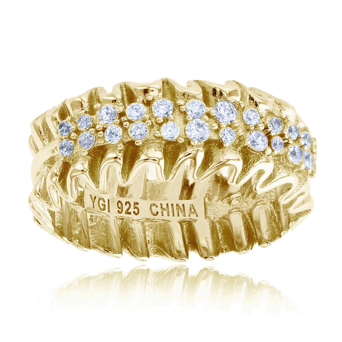 Sterling Silver+1Micron Yellow Gold Rnd CZ Row Center & Alternate Polish/Satin on Waved Sides Band