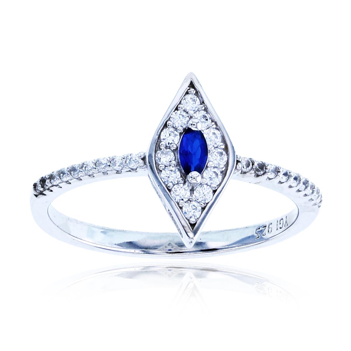 Sterling Silver Rhodium MQ #114 Blue Spinel & Rnd White CZ Evil Eye Polished Ring