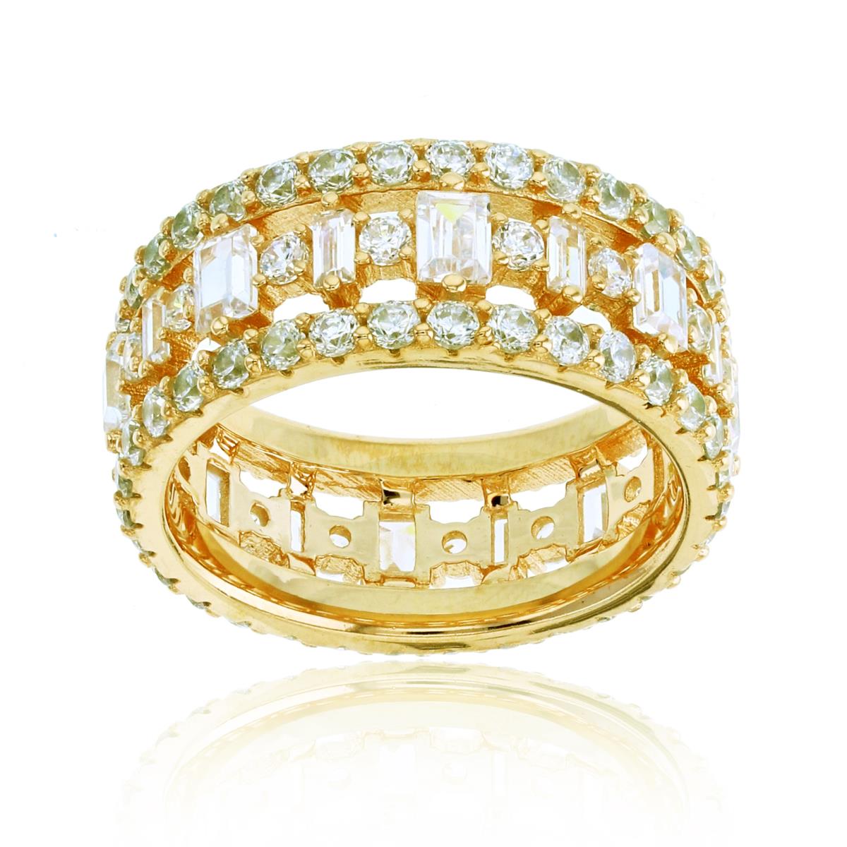 Sterling Silver+1Micron Yellow Gold SB & Rnd CZ 3-Rows Eternity Band 