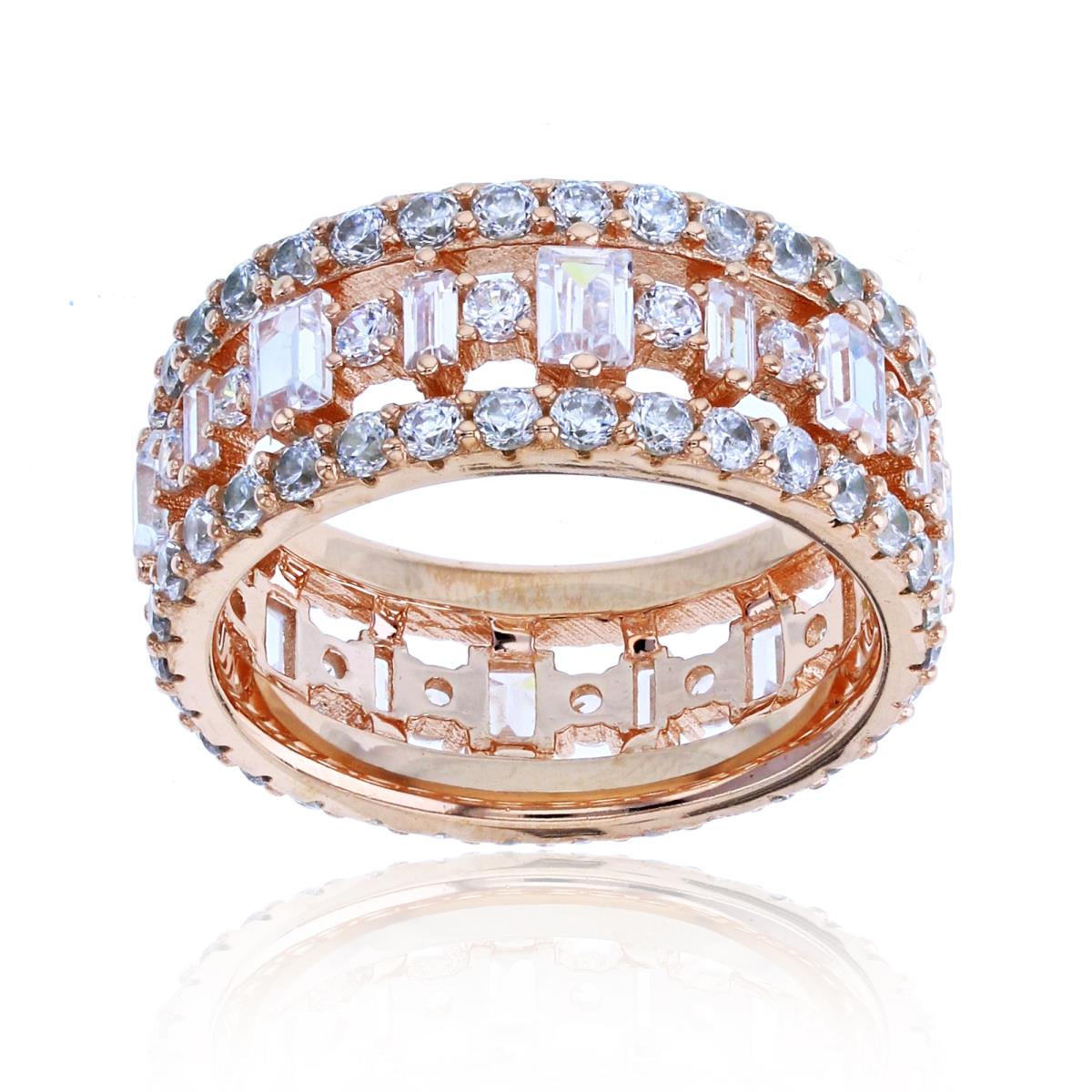 Sterling Silver+1Micron Rose Gold SB & Rnd CZ 3-Rows Eternity Band 