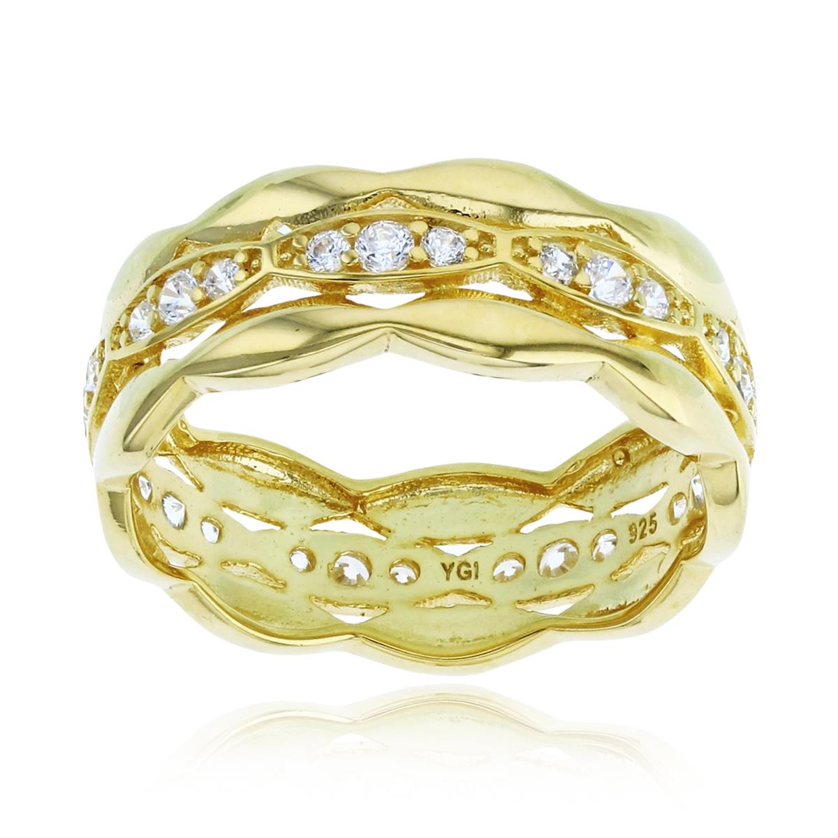 Sterling Silver+1Micron Yellow Gold Rnd CZ Row Center/ High Polish Wave Sides Band 
