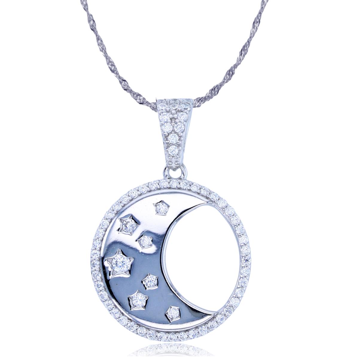 Sterling Silver Rhodium Rnd White CZ High Polished Moon in Circle 18"+2" Singapore Necklace