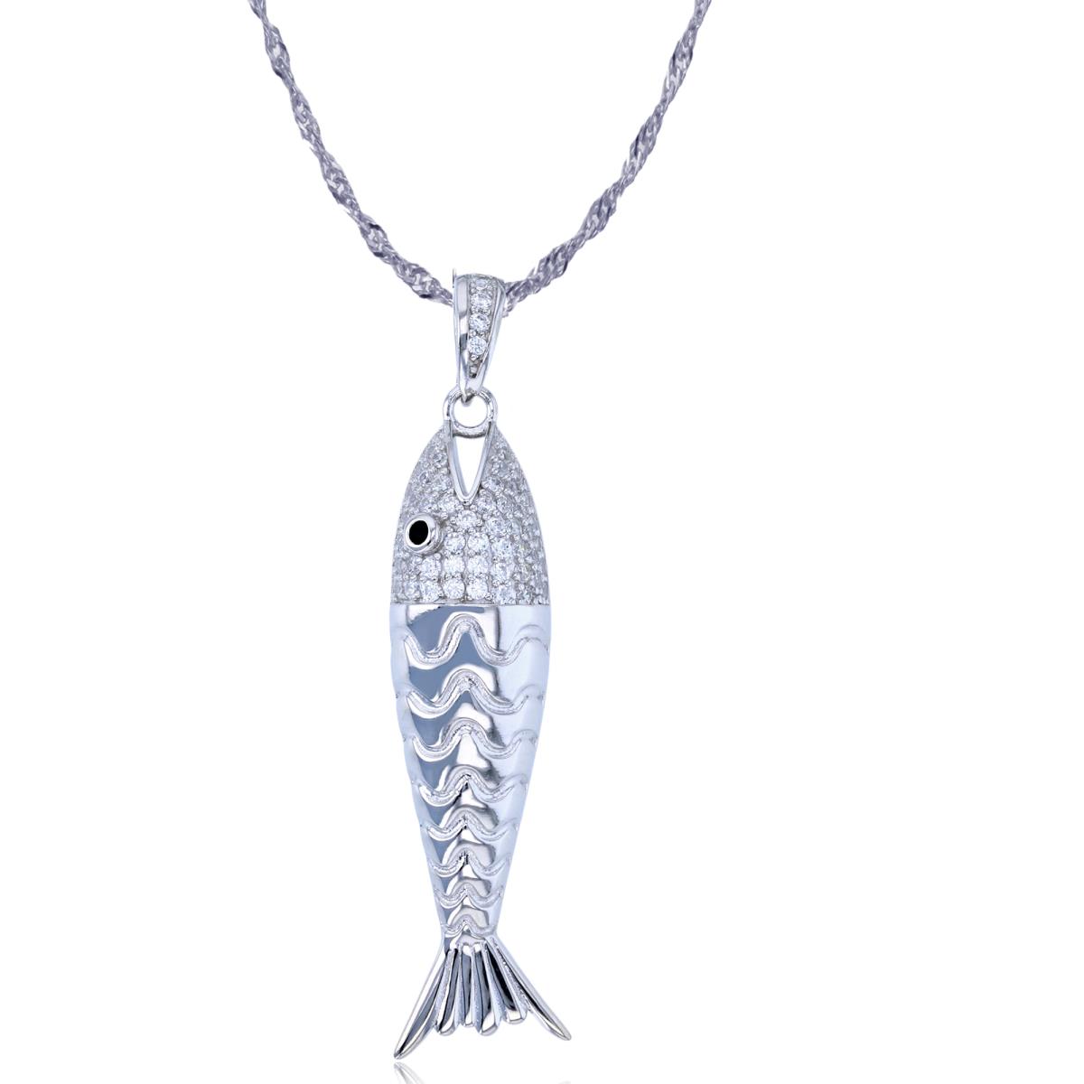 Sterling Silver Rhodium Rnd White/Black CZ Polished & Textured Fish 18"+2" Singapore Necklace