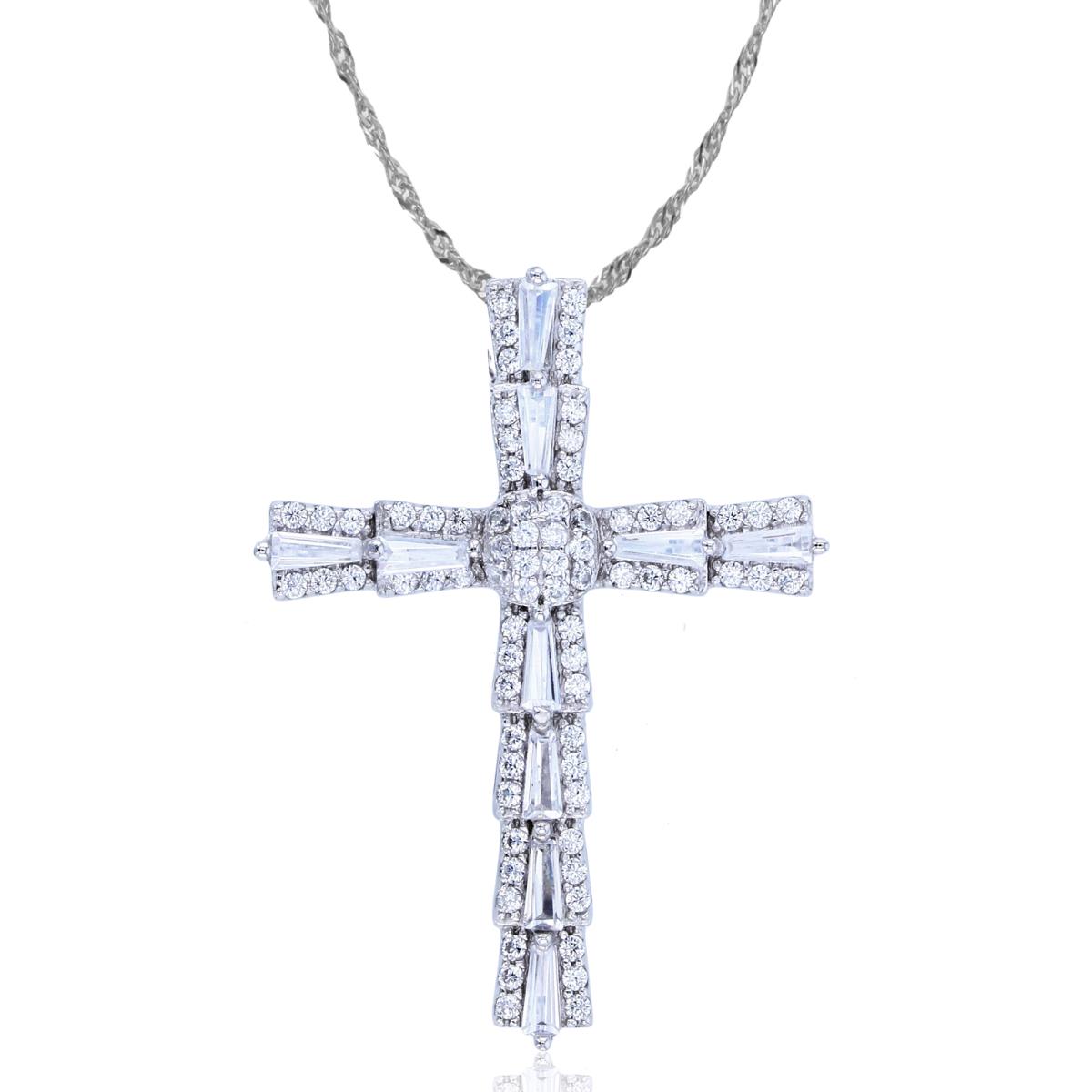 Sterling Silver Rhodium Rnd CZ Cross/Wing 18"+2" Singapore Necklace