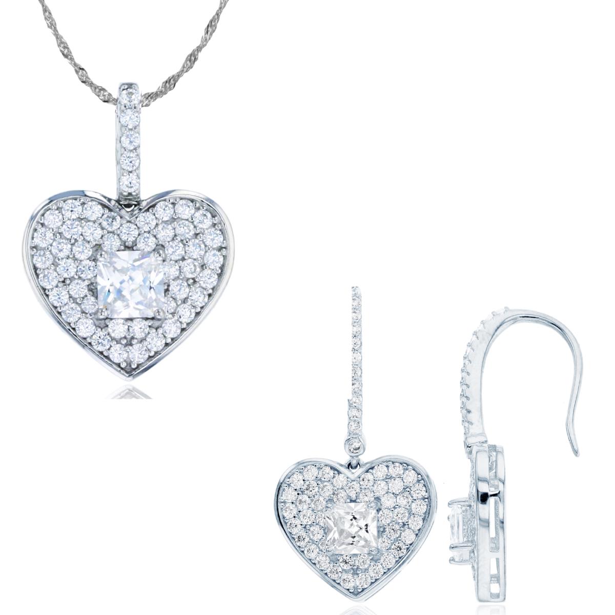 Sterling Silver Rhodium Sq & Rd White Heart 18"+2" Necklace & Earring Set