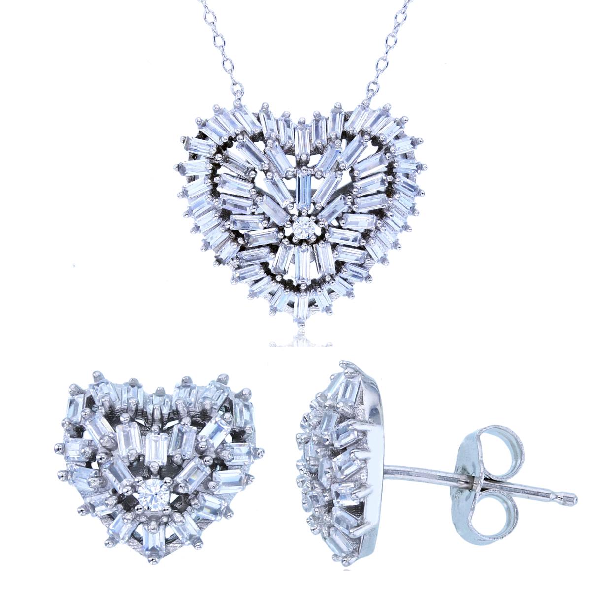 Sterling Silver Rhodium SB & Rnd White CZ Puffy Scattered Heart 18" Necklace & Earring Set