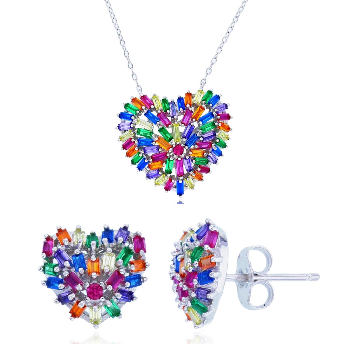 Sterling Silver Rhodium SB & Rnd Multi Color CZ Puffy Scattered Heart 18" Necklace & Earring Set