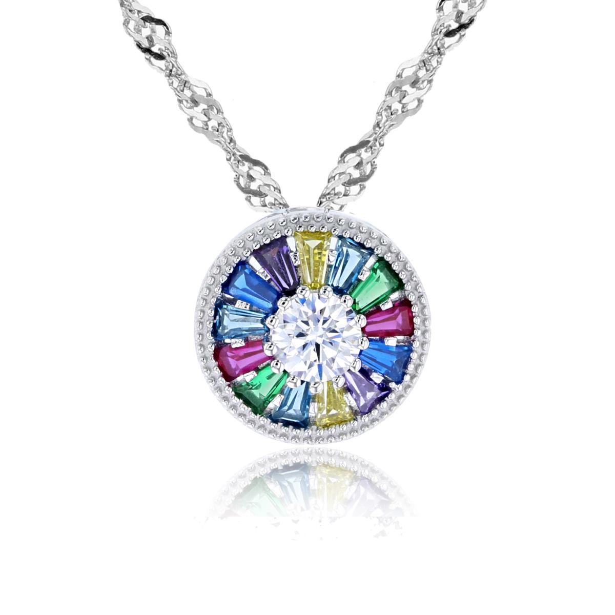 Sterling Silver Rhodium TB Multicolor CZ & 4.75mm Rnd White CZ Textured Circle 18"+2" Singapore Necklace