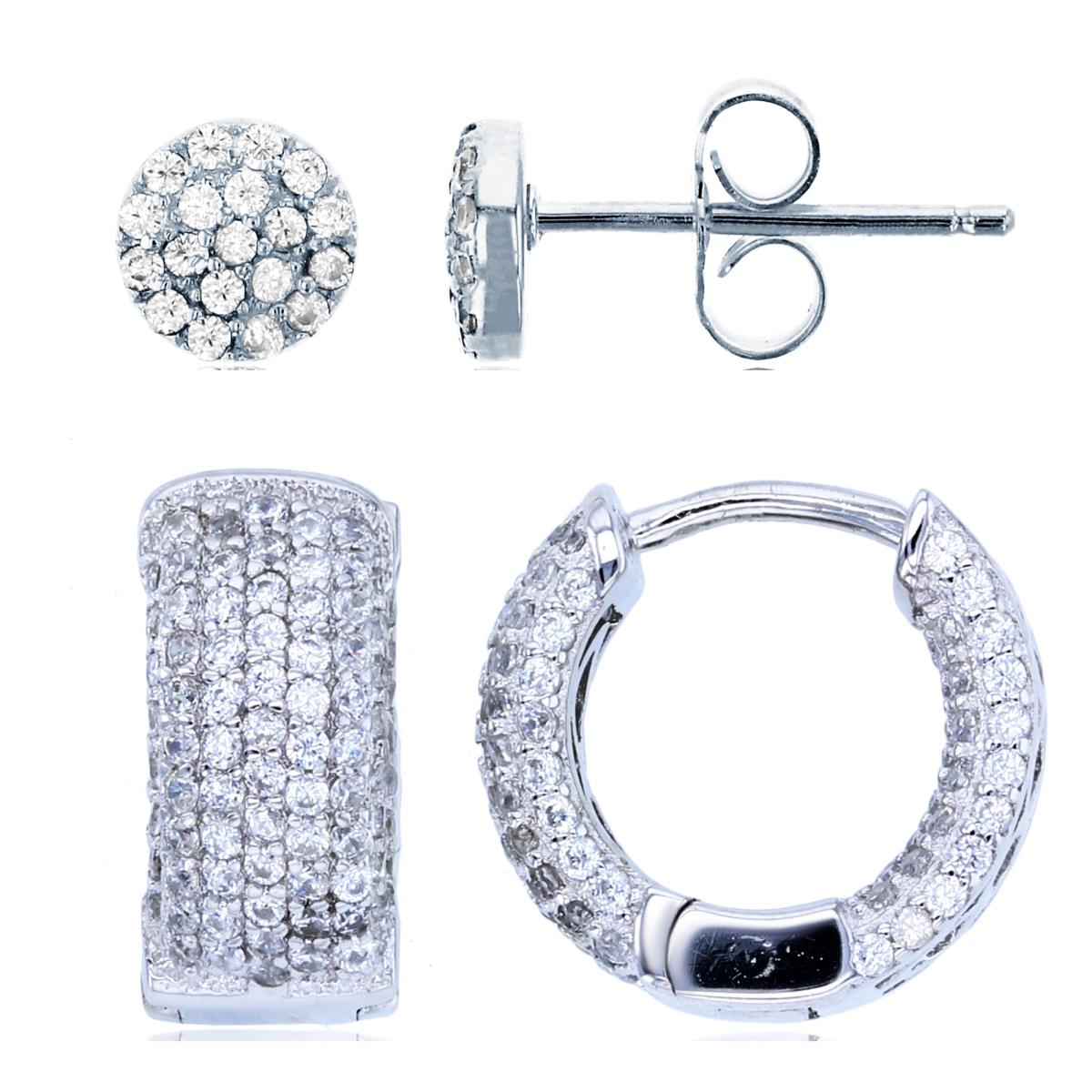 Sterling Silver Rhodium White CZ Puffy Pave Huggie & Round CZ Cluster Stud Earring Set