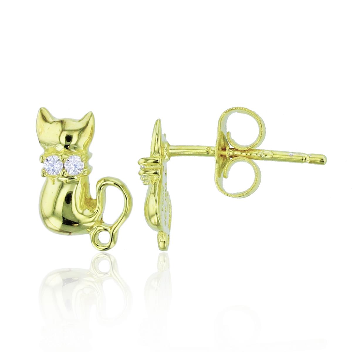 Sterling Silver+1Micron Yellow Gold Rnd CZ Sitting Cat Studs