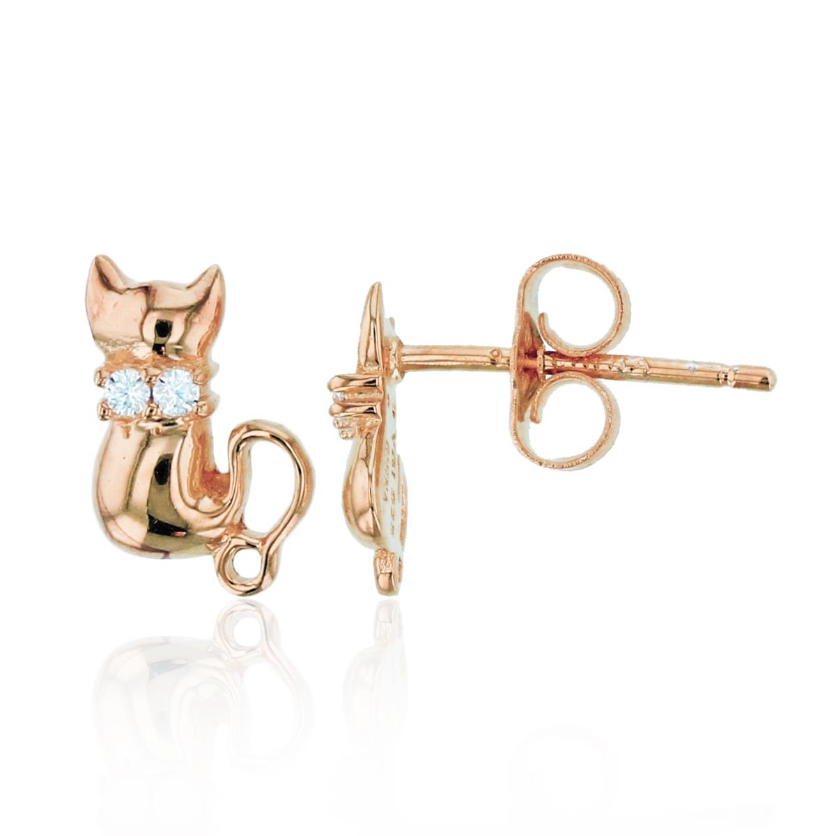 Sterling Silver+1Micron Rose Gold Rnd CZ Sitting Cat Studs