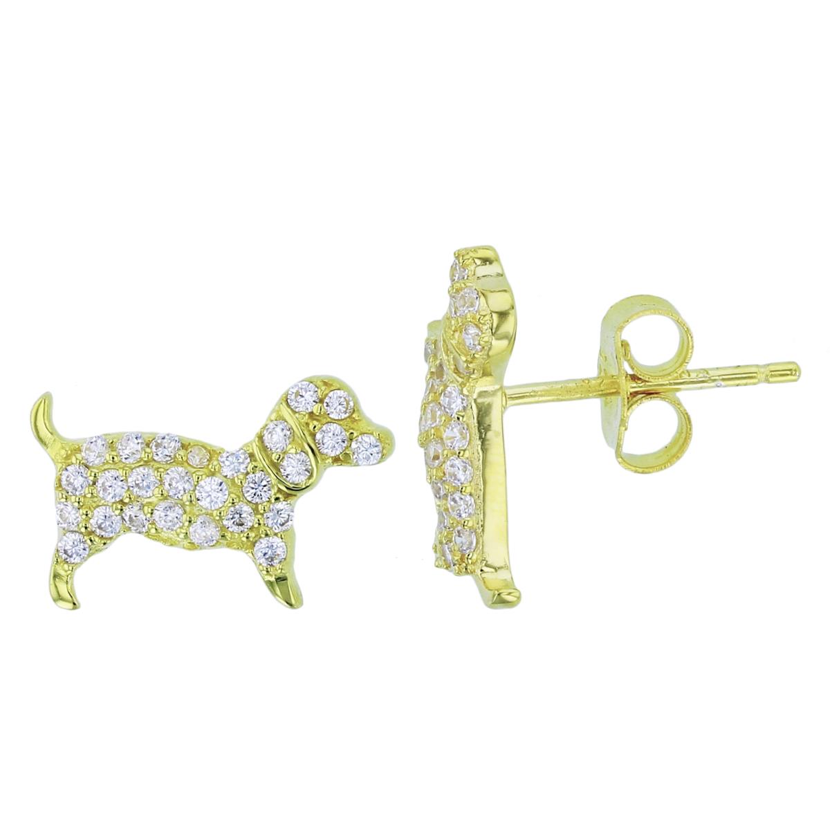 Sterling Silver+1Micron Yellow Gold Rnd CZ Pave Puffy Dog Studs