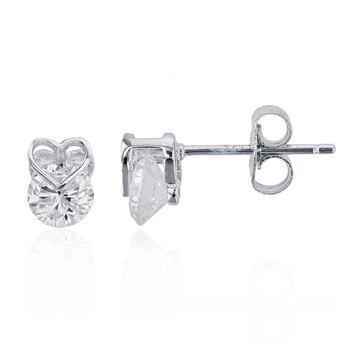 Sterling Silver Rhodium 5.5mm Rnd Spinnable CZ in Back/Front Metal Open Hearts Studs