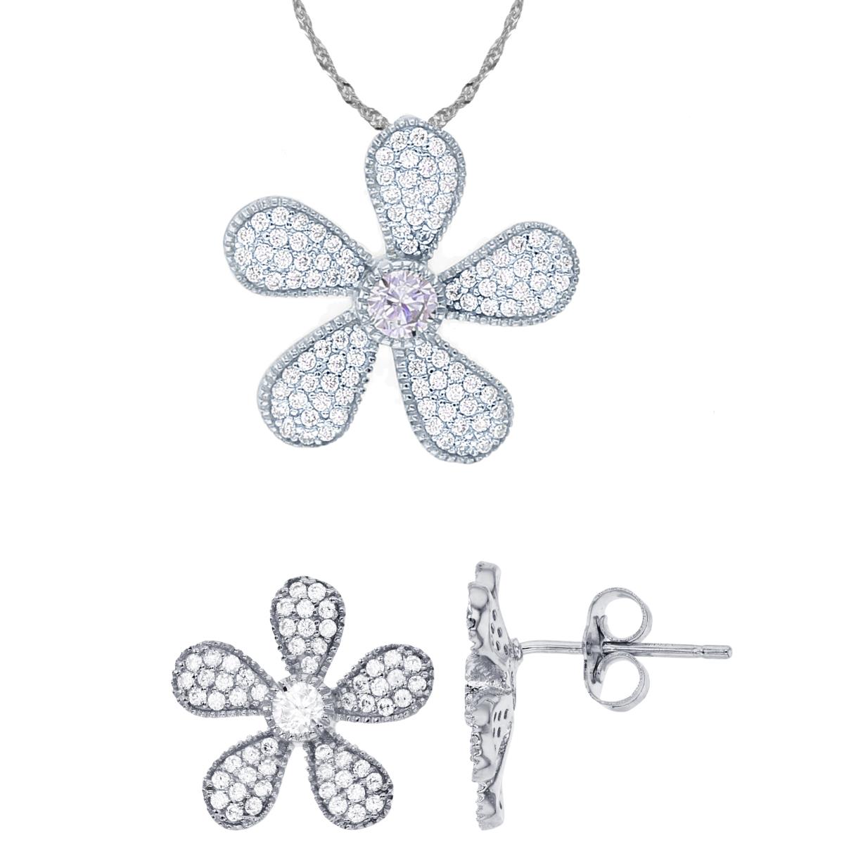 Sterling Silver Rhodium 4mm Rd White CZ Flower 18"+2" Singapore Necklace & Earring Set