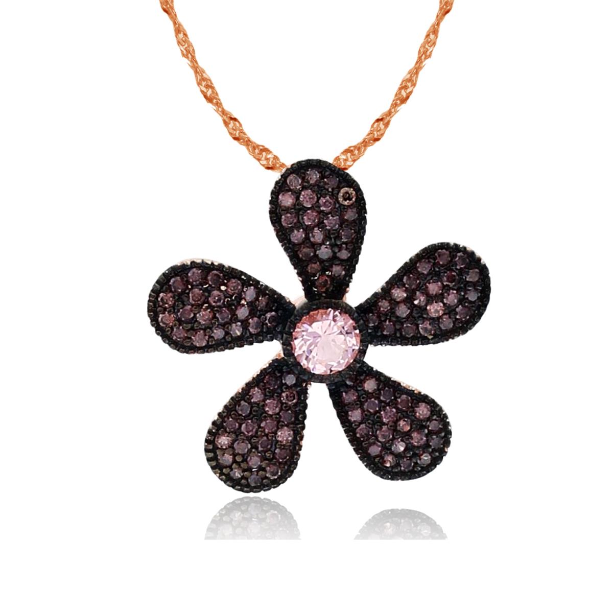 Sterling Silver Black/Rose 4mm Rd Morganite Bezel & Rd Coffee CZ Flower 18"+2" Singapore Necklace