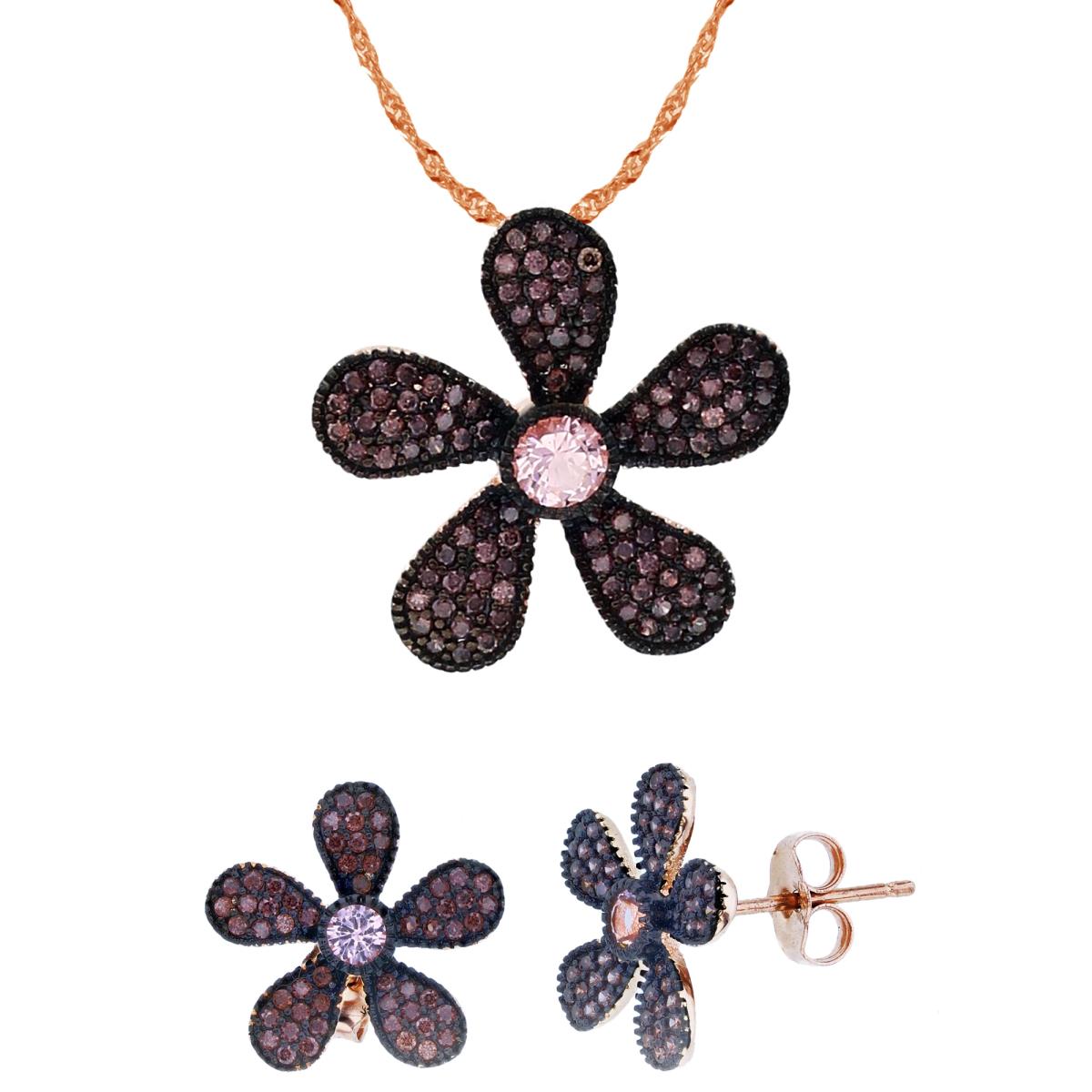 Sterling Silver Black/Rose 4mm Rd Morganite & Brown CZ Flower 18"+2" Singapore Necklace & Earring Set