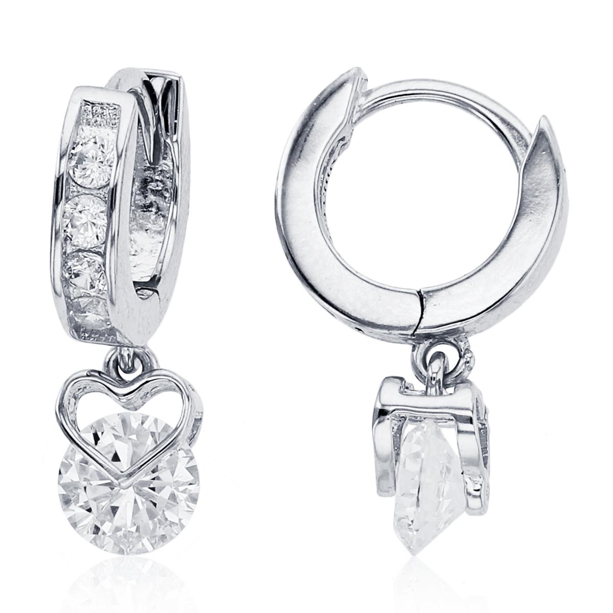 Sterling Silver Rhodium 5.5mm Rnd Spinnable CZ in Back/Front Hearts Dangling on Huggie Earrings