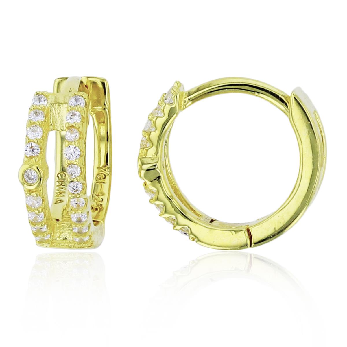 Sterling Silver+1Micron Yellow Gold Rnd CZ Double Rows with Single Bezel 10.5X4mm Huggie Earrings