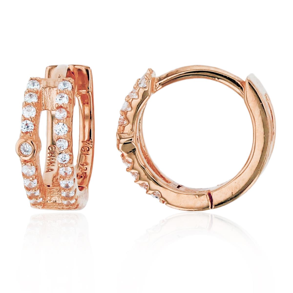 Sterling Silver+1Micron Rose Gold Rnd CZ Double Rows with Single Bezel 10.5X4mm Huggie Earrings