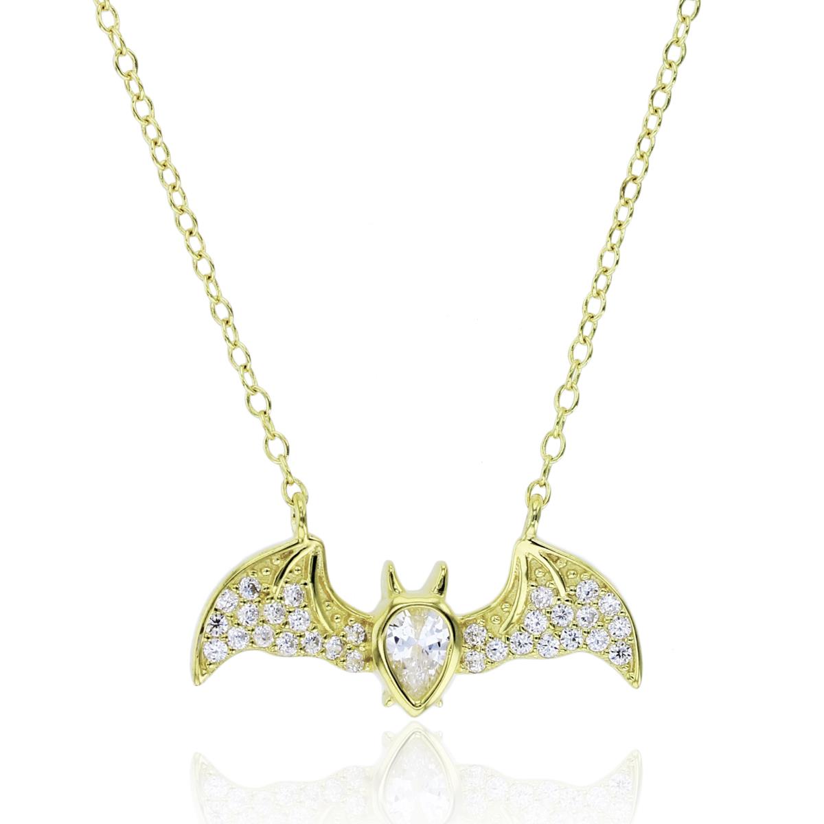 Sterling Silver+1Micron Yellow Gold Bezel 4x3mm PS & Rnd CZ Micropave Bat 16+2"Necklace
