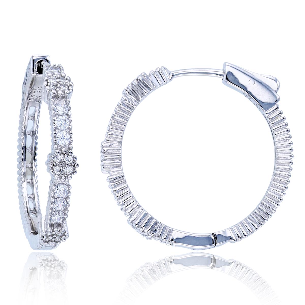 Sterling Silver Rhodium Rnd CZ Textured & Beaded 25X4mm Hoop Earrings
