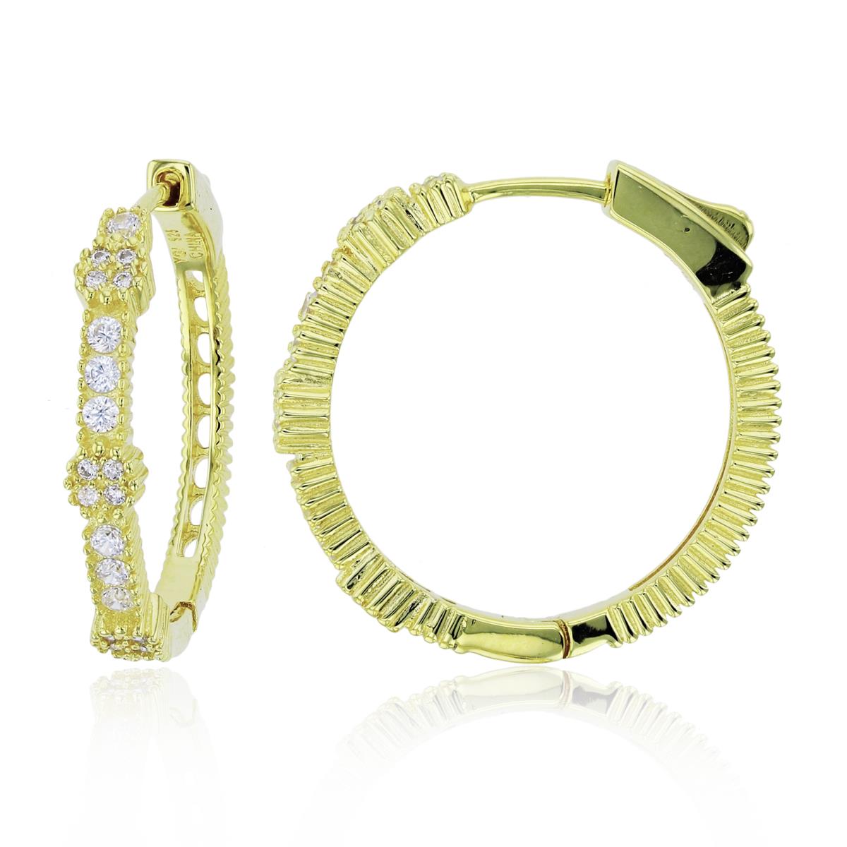Sterling Silver+1Micron Yellow Gold Rnd CZ Textured & Beaded 25X4mm Hoop Earrings