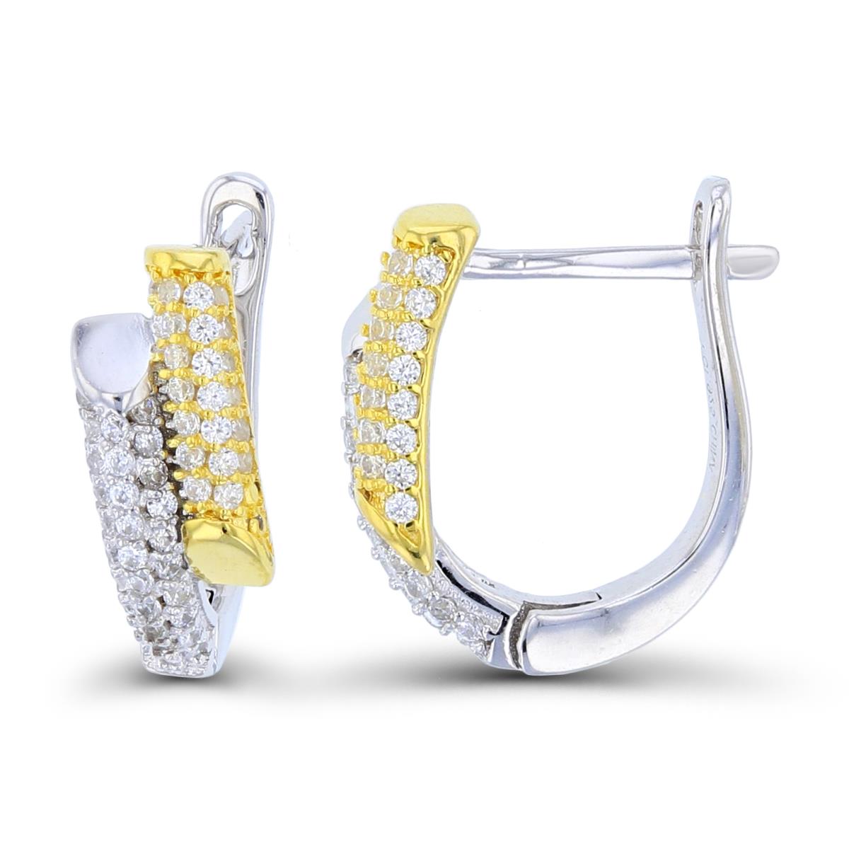 Sterling Silver+1Micron Yellow Gold Rnd CZ Double Split Puffy Rows Huggie Earrings