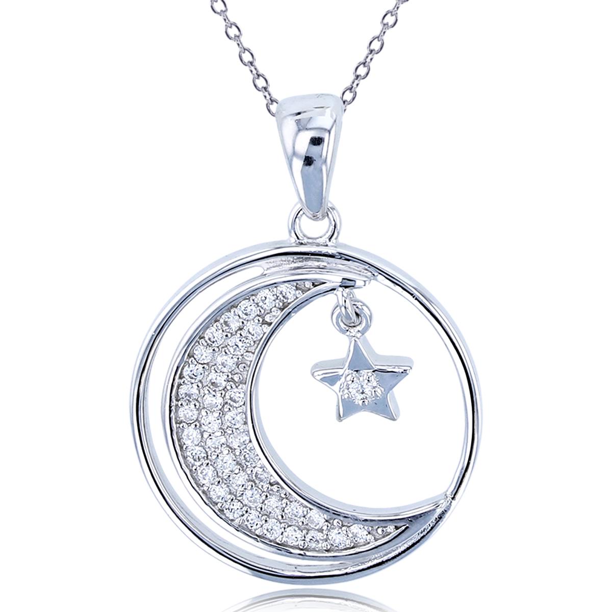 Sterling Silver Rhodium Rnd CZ Micropave Moon & Dangling Star in Circle 18"Necklace