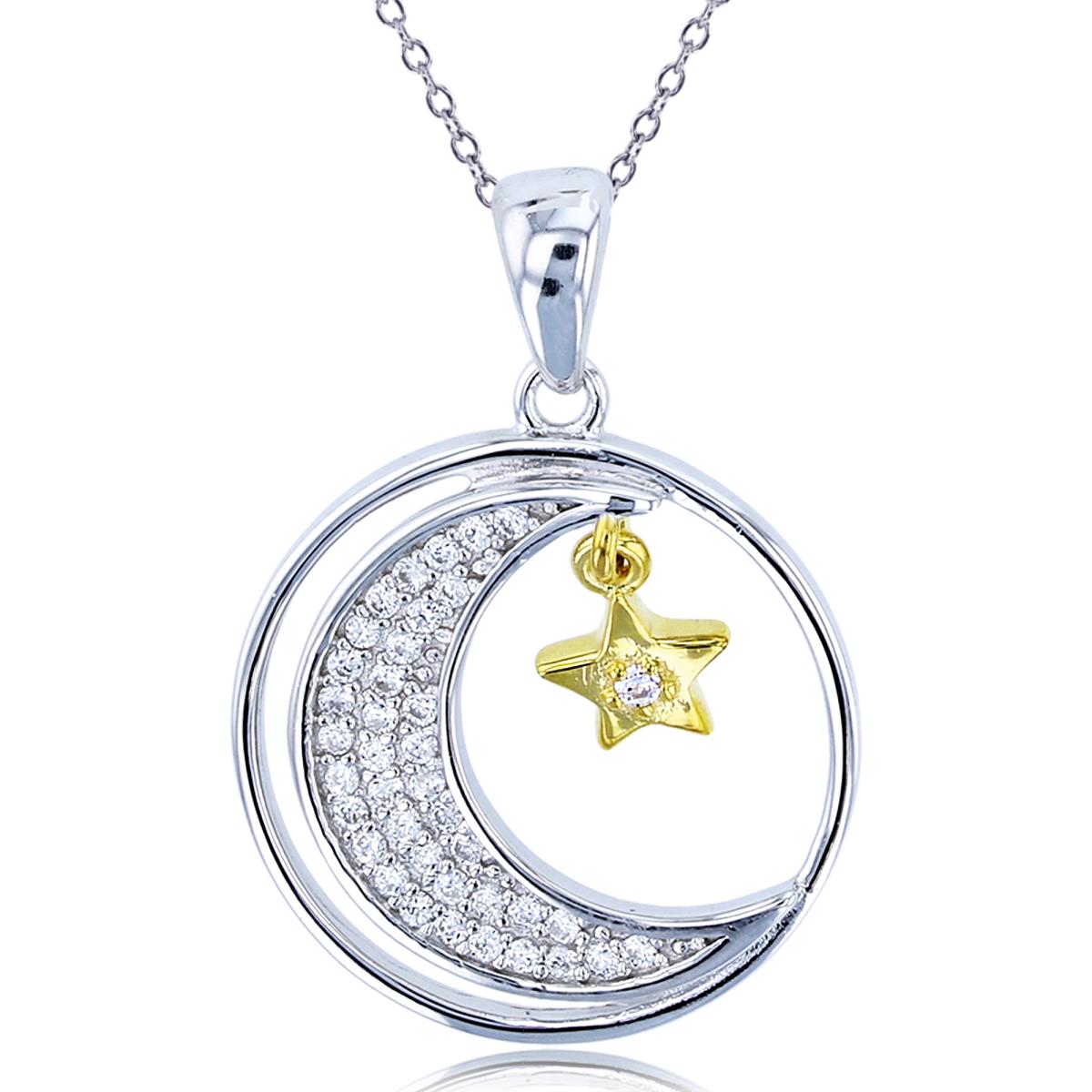 Sterling Silver Two-Tone Rnd CZ Micropave Moon & Dangling Star in Circle 18"Necklace