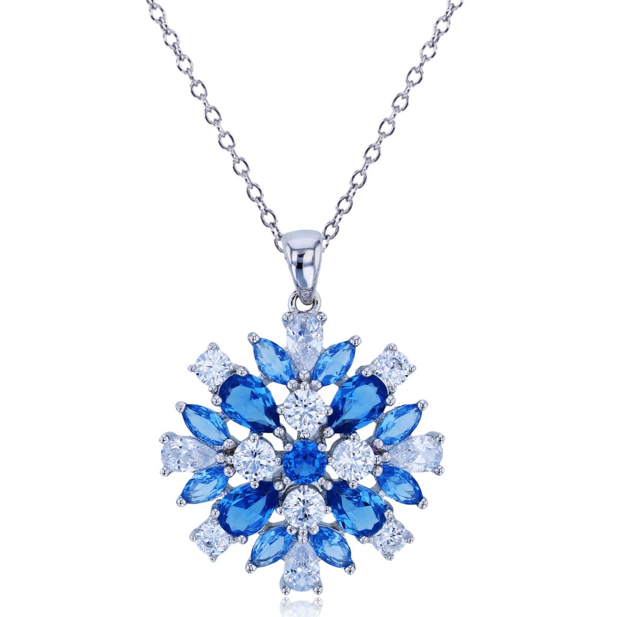 Sterling Silver Rhodium Multishape #119 Blue Spinel & White CZ Flower 18"Necklace