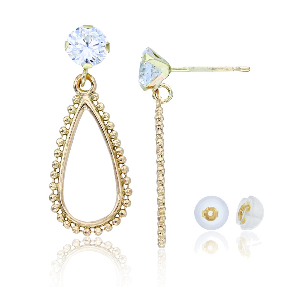 14K Yellow Gold 5mm Rnd CZ Top & Textured Open PS-Drop Dangling Earrings with Silicon Backs