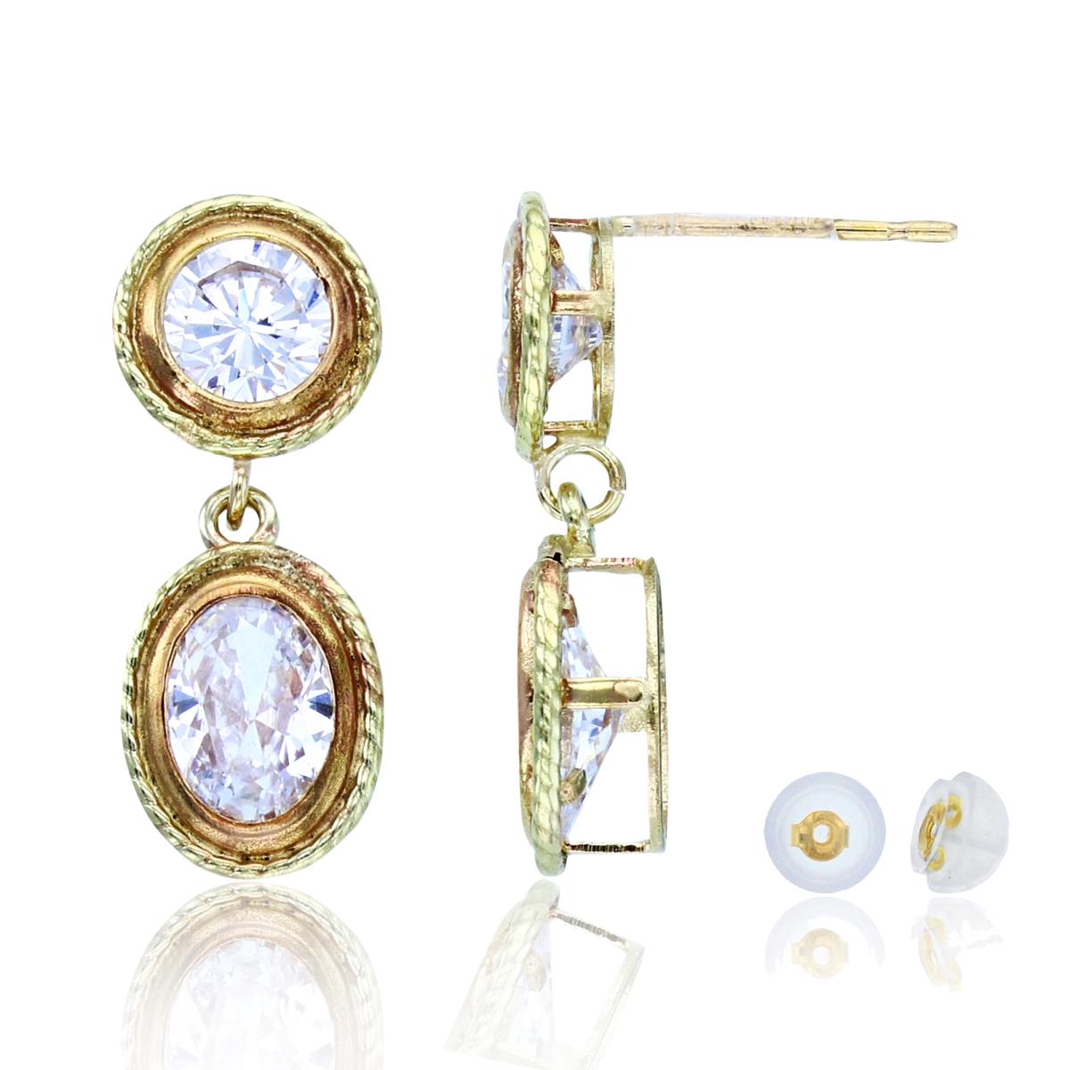 14K Yellow Gold 7x5mm Ov & 5mm Rnd CZ Bezel Textured Dangling Earrings with Silicon Backs