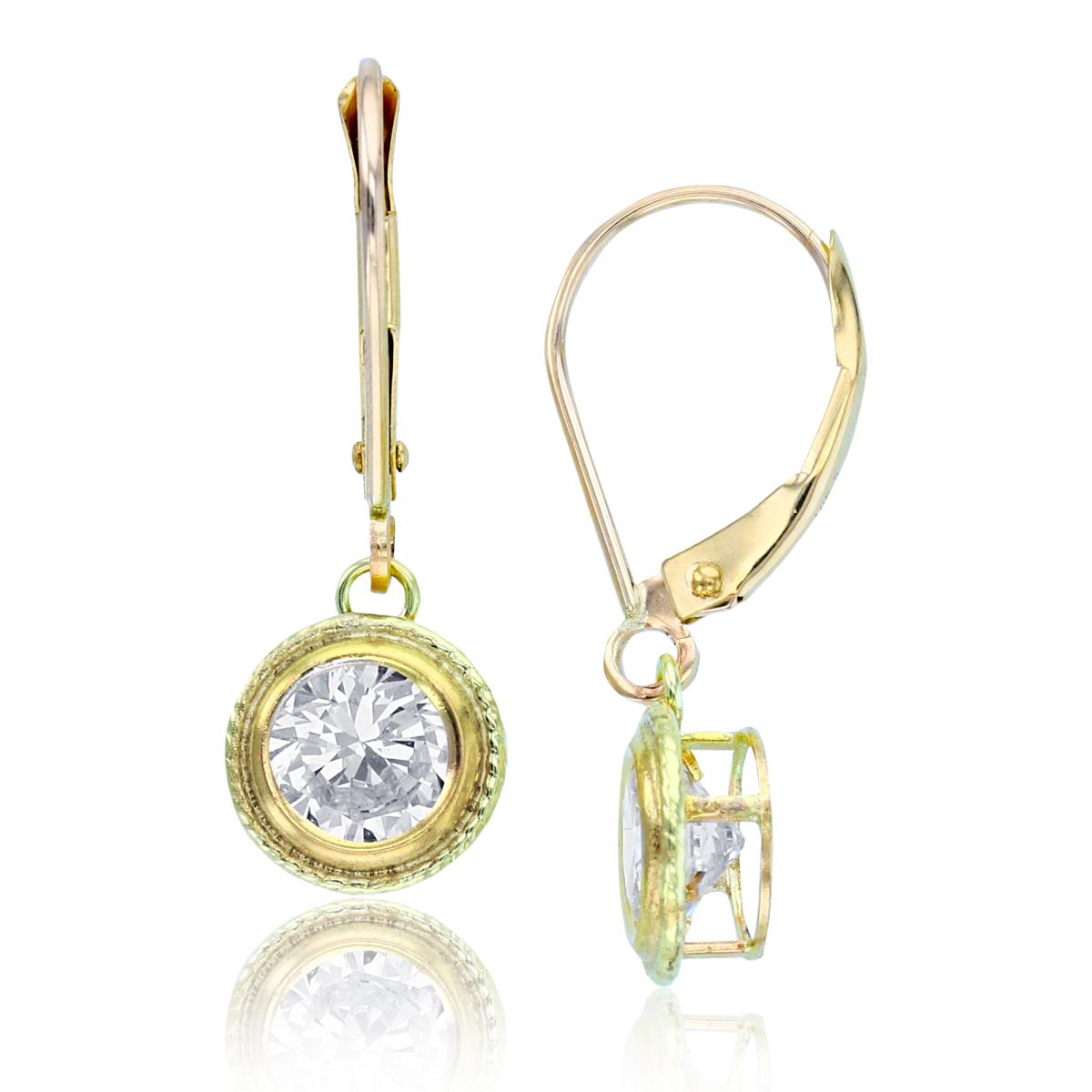 14K Yellow Gold 6mm Rnd CZ Bezel Textured Circle Dangling Earrings