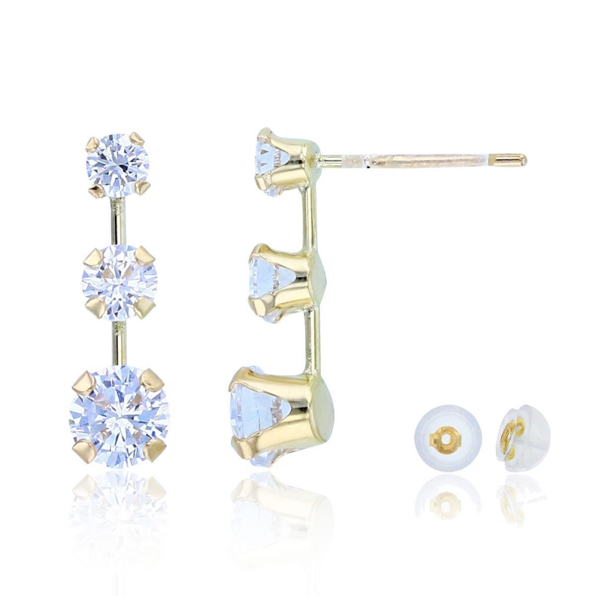 14K Yellow Gold Graduated 3-Rnd CZ Vertical Earrings with Silicon Backs
