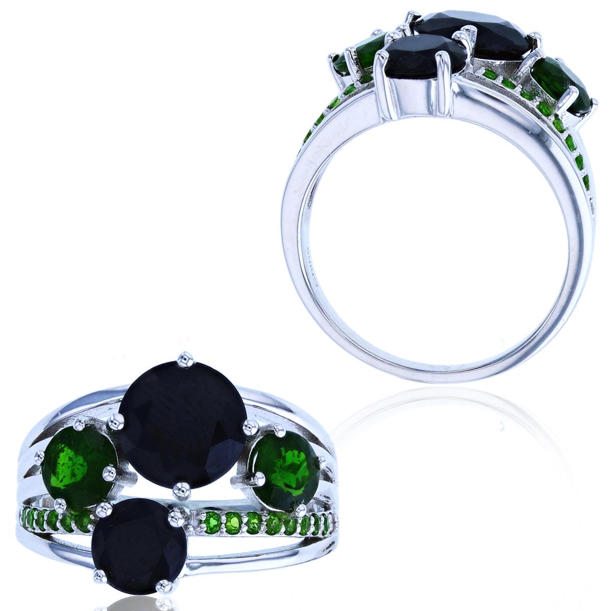Sterling Silver Rhodium Black Spinel & Chrome Diopside 5-Row Fashion Ring