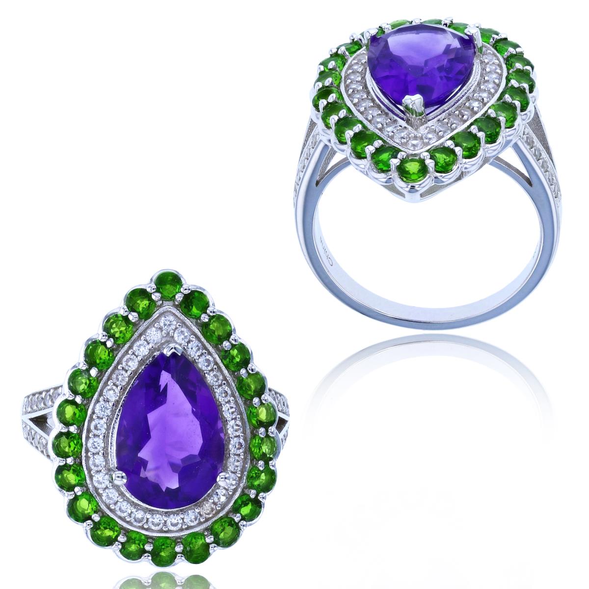 Sterling Silver Rhodium 12x8mm PS Amethyst & Chrome Diopside/White Zircon Halo Ring