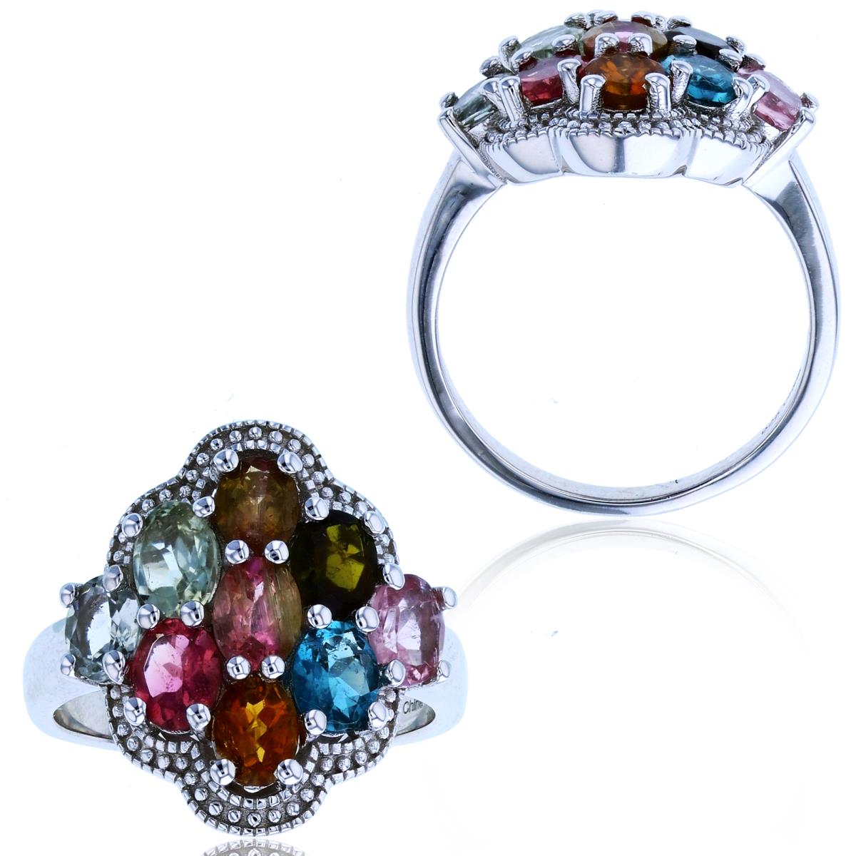 Sterling Silver Rhodium Oval Multi Color Tourmaline Fashion Ring
