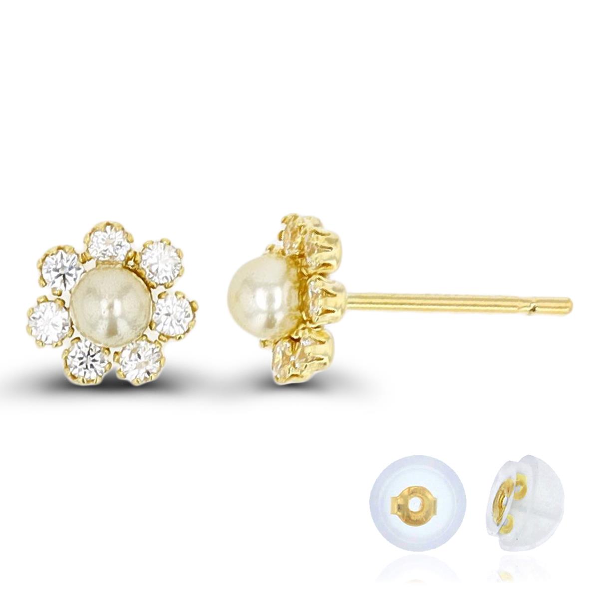 14K Yellow Gold 3mm Rnd Pearl & Rnd CZ Flower Studs with Silicon Backs