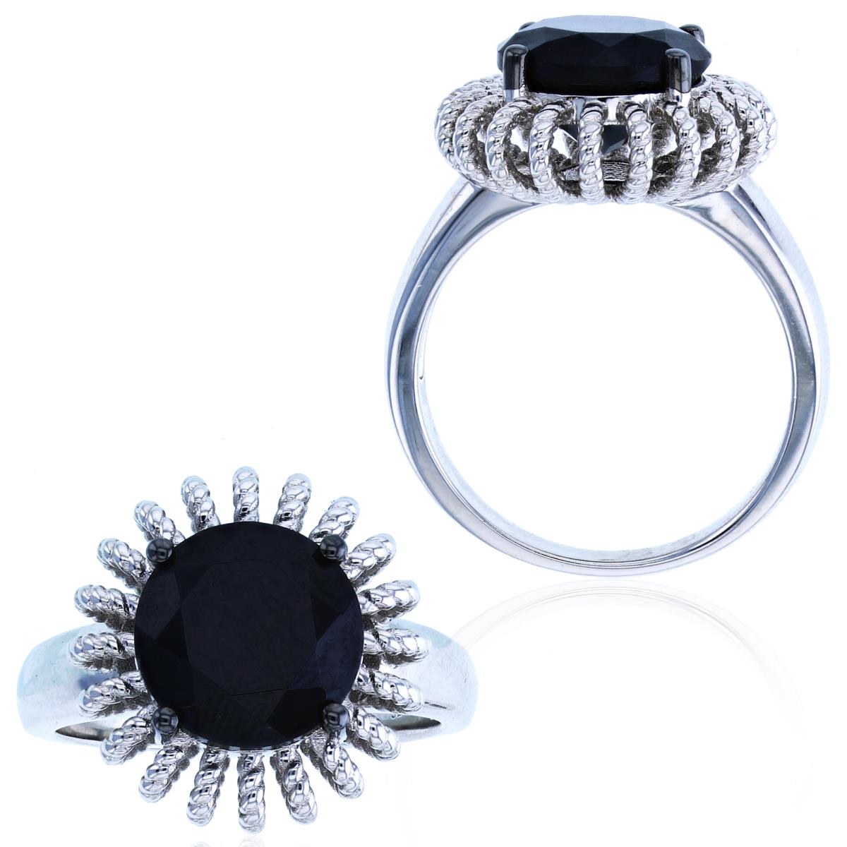 Sterling Silver Rhodium 10mm Rd Black Spinel Hollow Flower Fashion Ring
