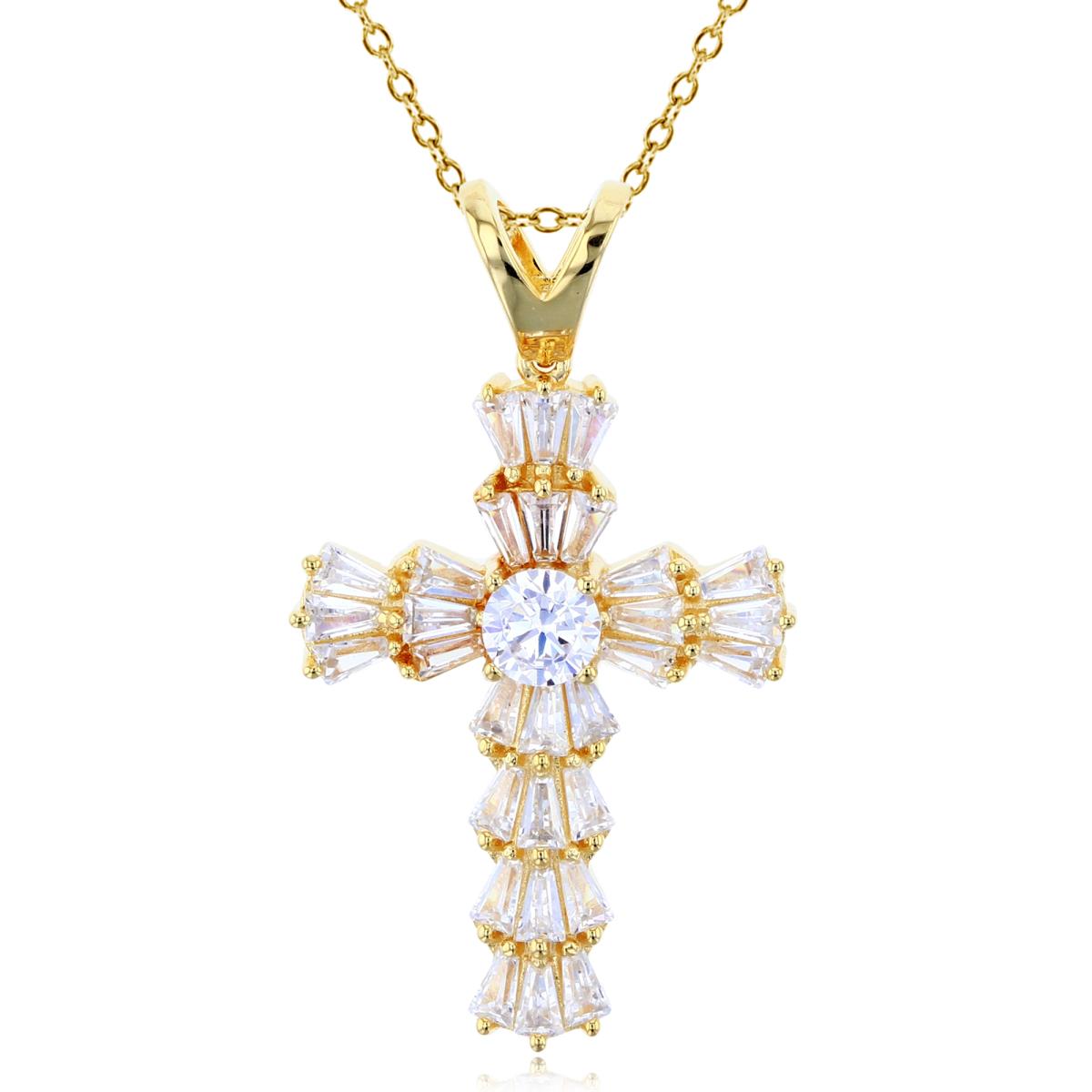 Sterling Silver+1Micron Yellow Gold 4.75mm Rnd CZ Center & TB CZ Layered Fancy Cross 18"Necklace