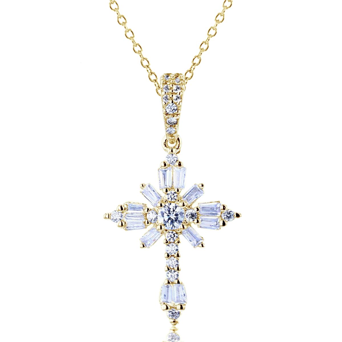 Sterling Silver+1Micron Yellow Gold 3mm Rnd CZ Center & TB/Rnd CZ Fancy Cross 18"Necklace