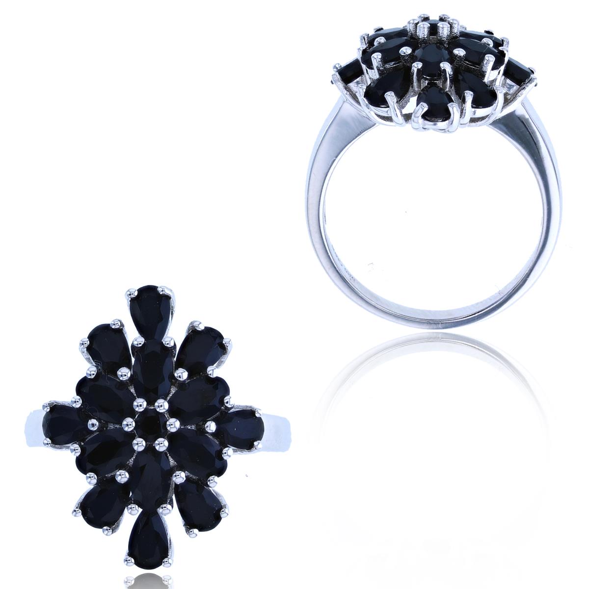 Sterling Silver Rhodium RD/PS/OV Black Spinel Flower Fashion Ring