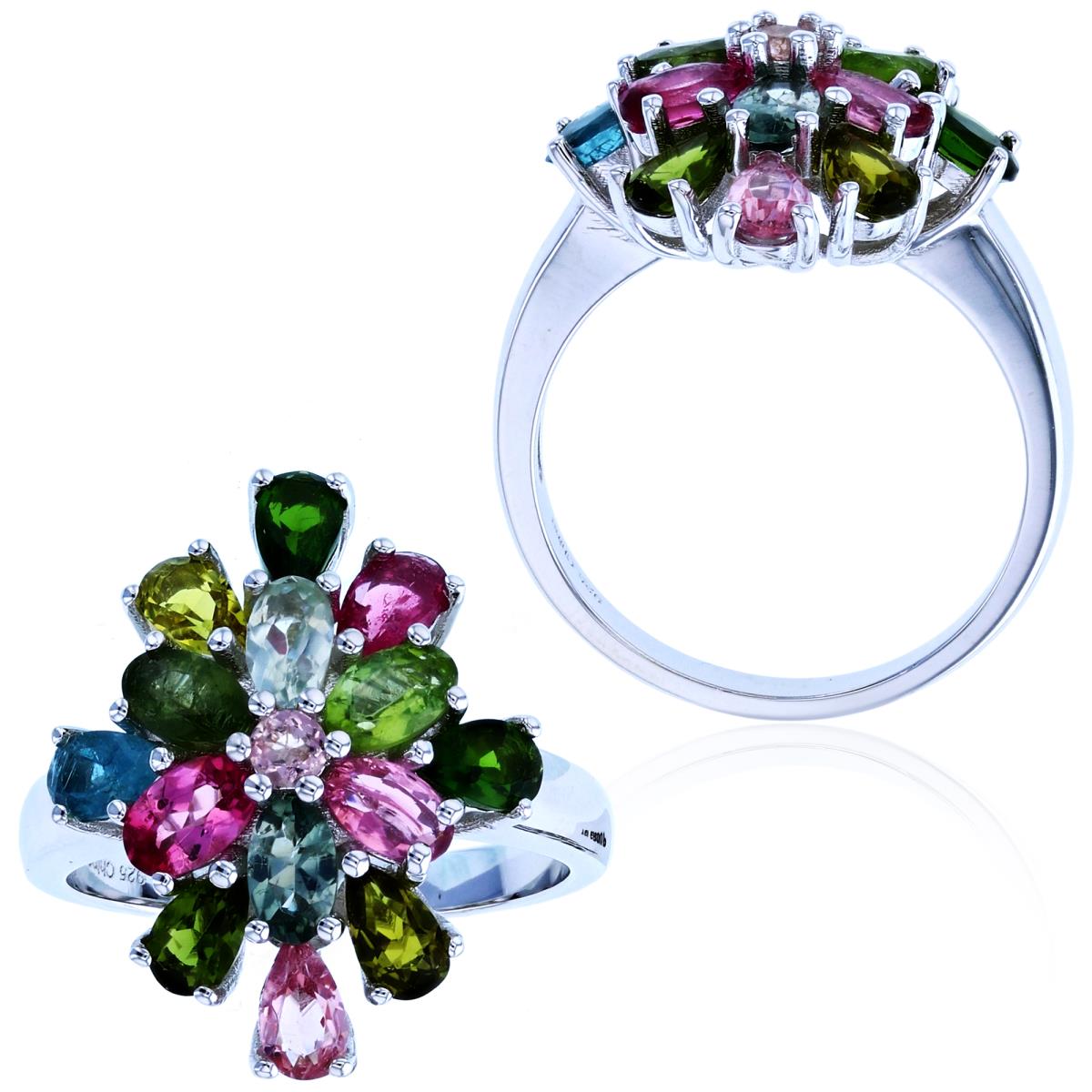 Sterling Silver Rhodium RD/PS/OV Multi Color Tourmaline Flower Fashion Ring