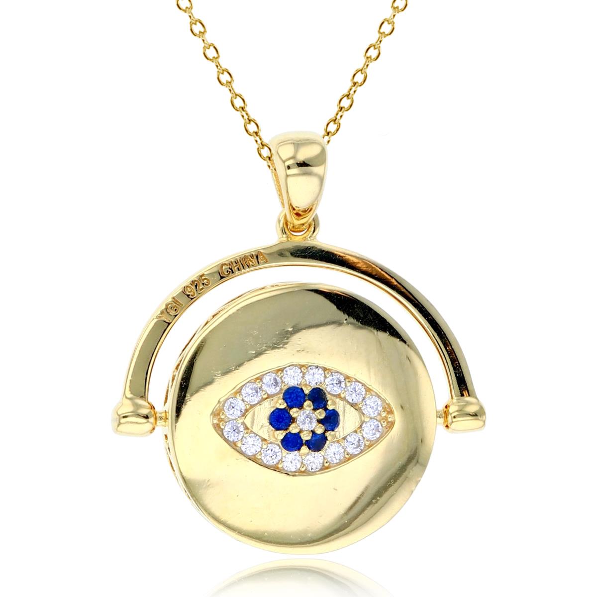 Sterling Silver+1Micron Yellow Gold Spinning Circle with Rnd White & #114 Bl. Spinel Evil Eye 18"Necklace