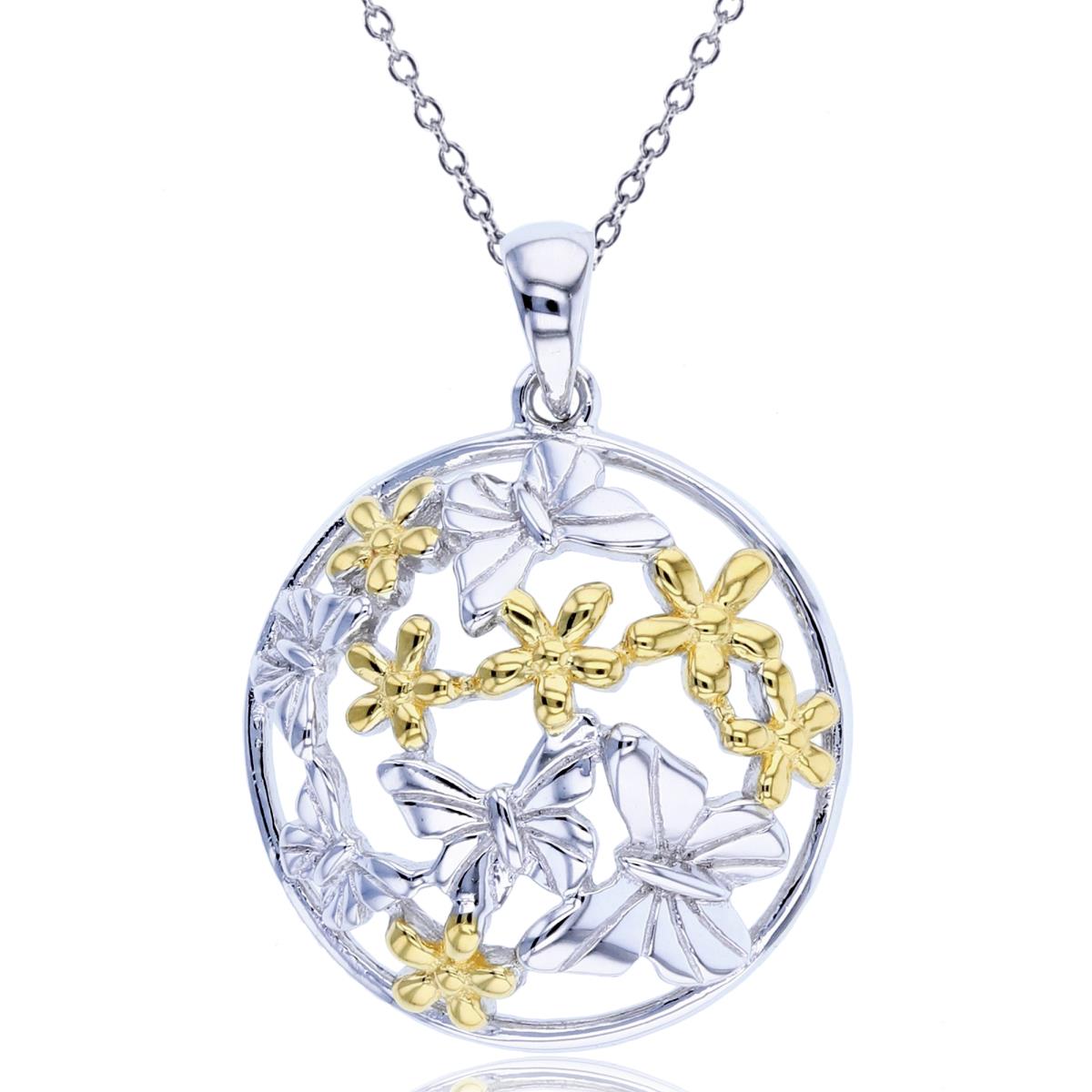 Sterling Silver Two-Tone Polish & Textured Dome Circle with Butterflies 18"Necklace