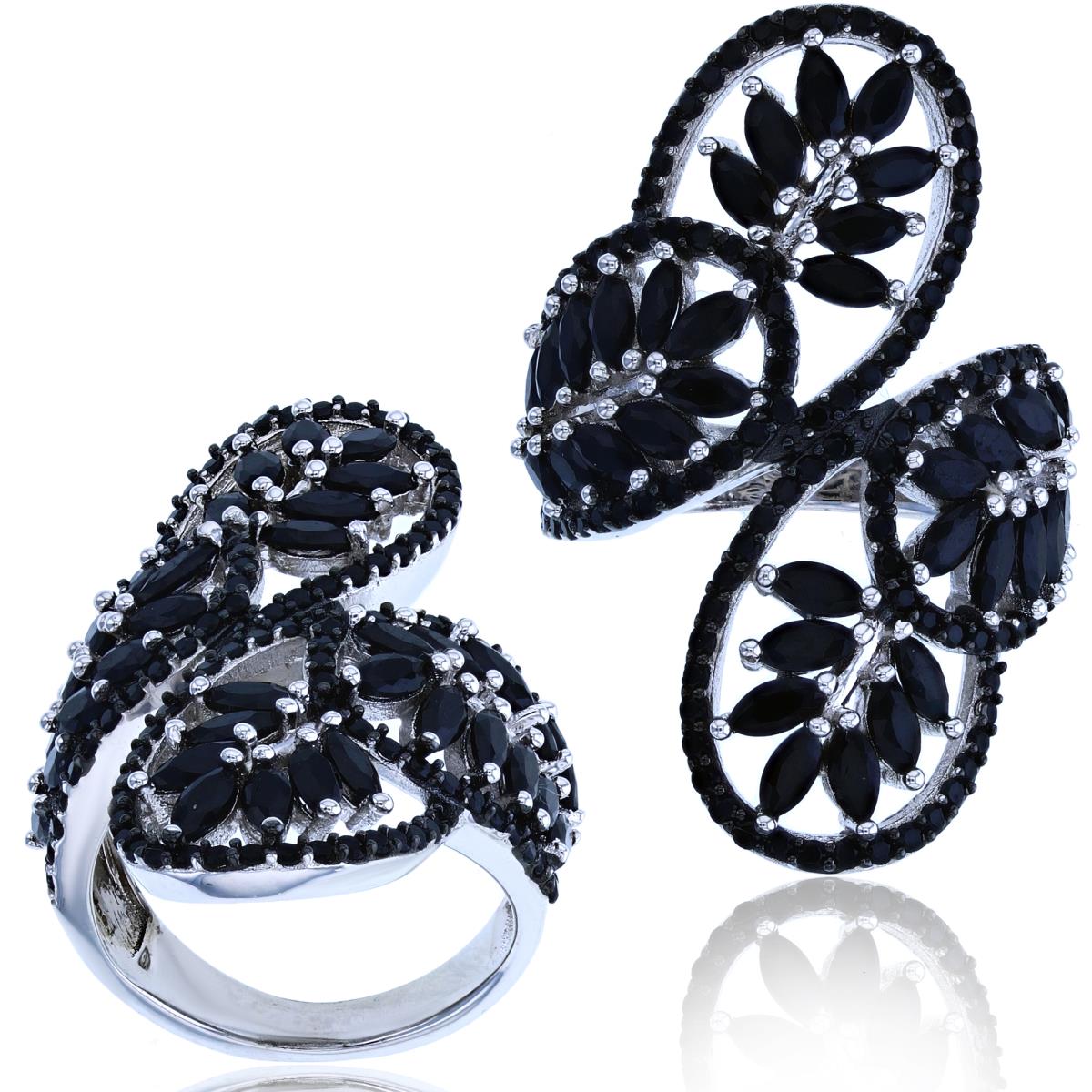 Sterling Silver Black & Rhodium Black Spinel Bypass Floral Fashion Ring