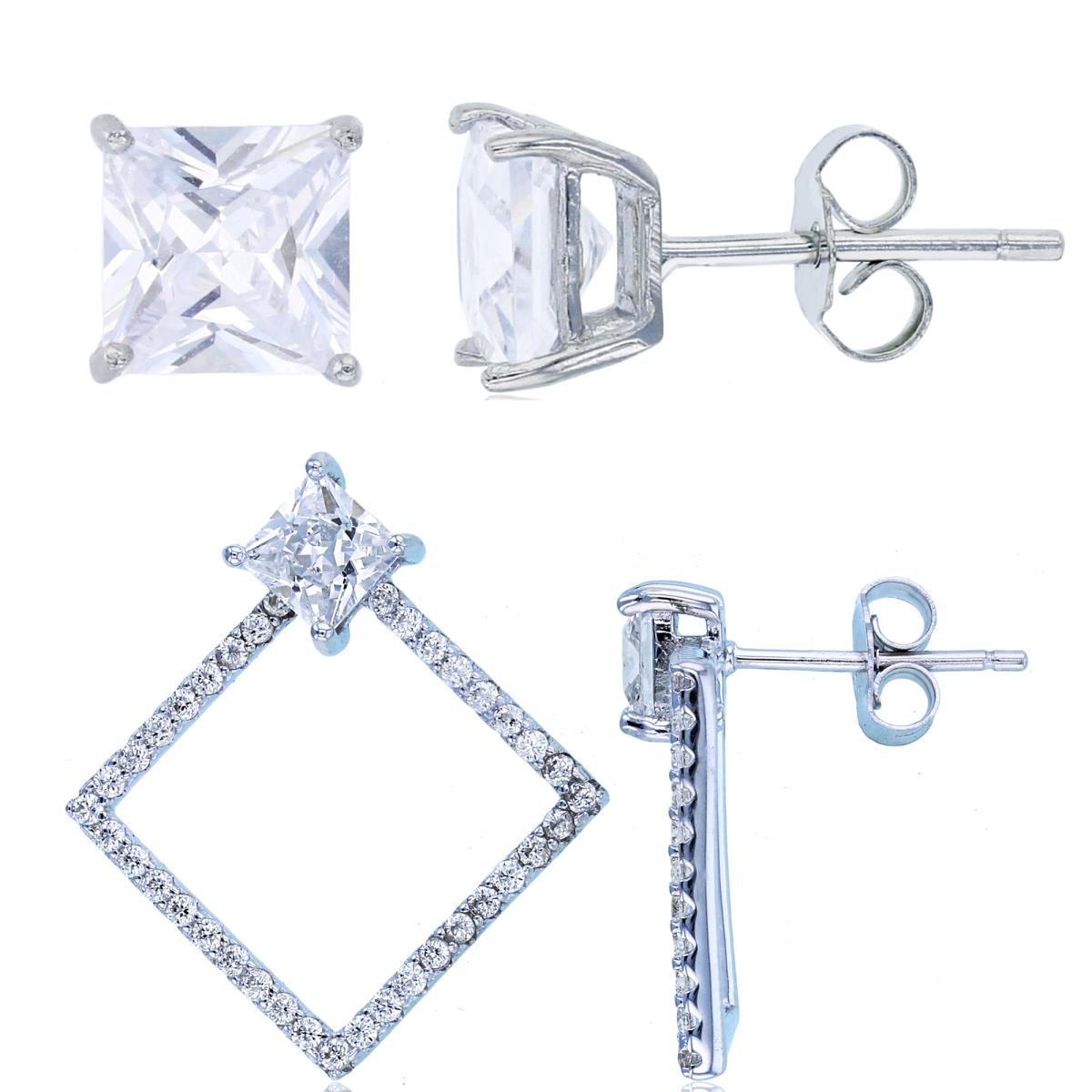 Sterling Silver Rhodium Rnd & 5mm Princess CZ Open Square & 6mm Square Solitaire Stud Earring Set
