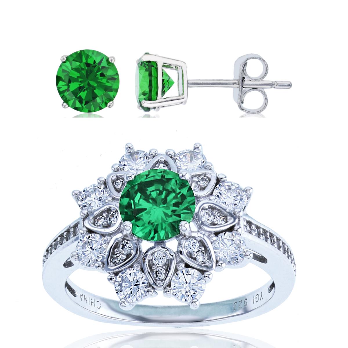 Sterling Silver Rhodium 6mm Rnd Emerald CZ Center Ring & Solitaire Stud Earring Set