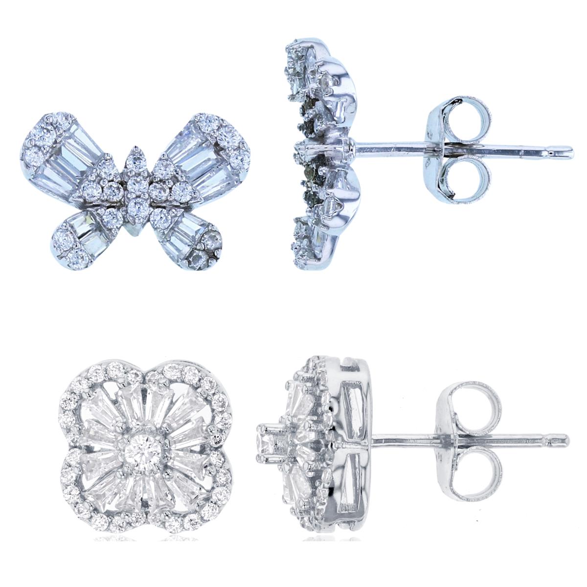 Sterling Silver Rhodium Criss Cross & Flower Stud Earring Set